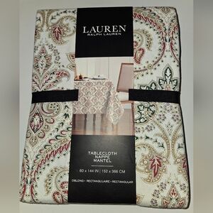 Lauren Ralph Lauren Cream and Red Holly Paisley Tablecloth Oblong 60 X 144 IN